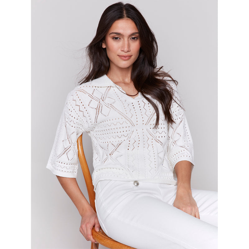 CHARLIE B // 2783 POINTELLE SWEATER WHITE