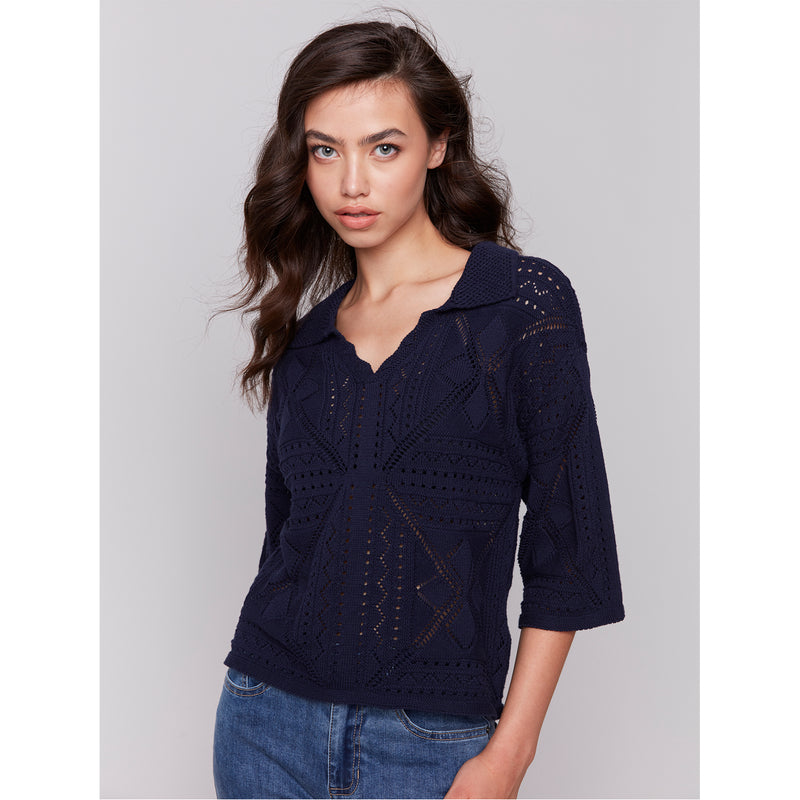 CHARLIE B // 2783 POINTELLE SWEATER NAVY