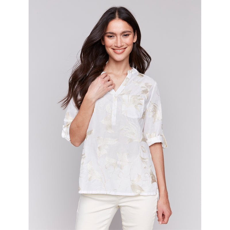 CHARLIE B // 4188T EMBROIDERED POPOVER BLOUSE