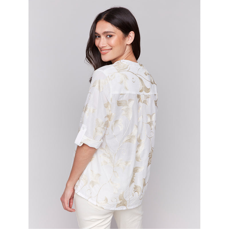 CHARLIE B // 4188T EMBROIDERED POPOVER BLOUSE