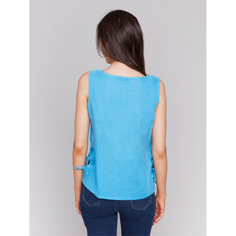 CHARLIE B // C4592 SLEEVELESS TOP WITH SIDE TIES LAGOON