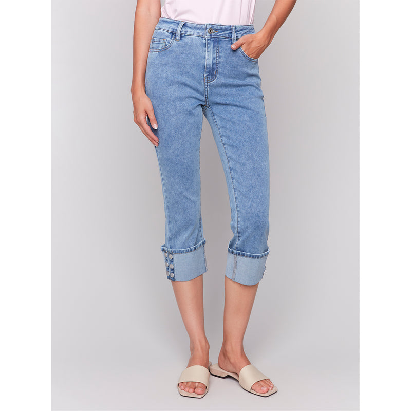 CHARLIE B // 5597 CROPPED JEANS WITH SNAP BUTTON-DETAIL