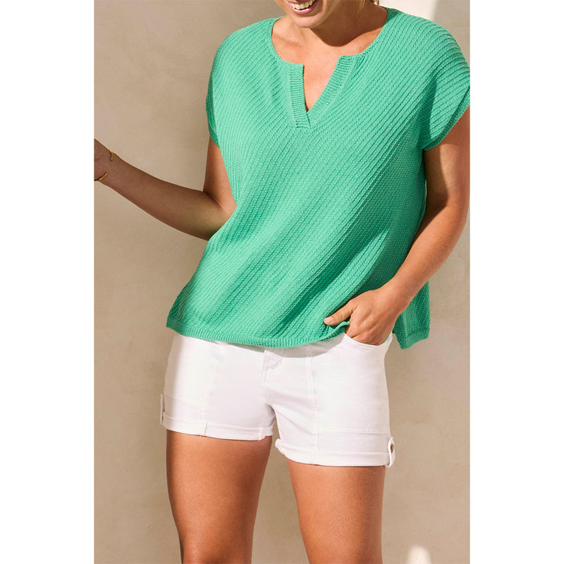 TRIBAL // 5704O  SLIT V NECK SWEATER DARK AQUA LAND