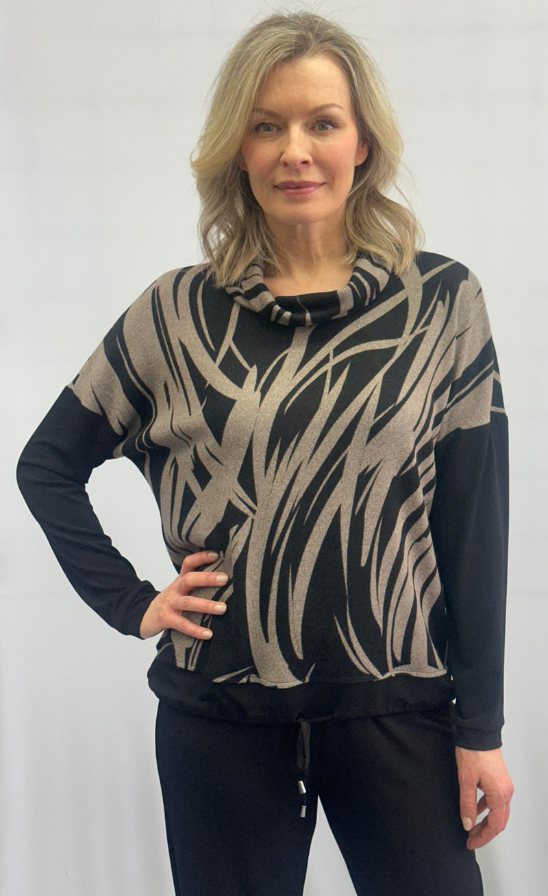 SOFT WORKS // DUSK 102270 PRINTED COWL NECK TOP WITH DRAWSTRINGS