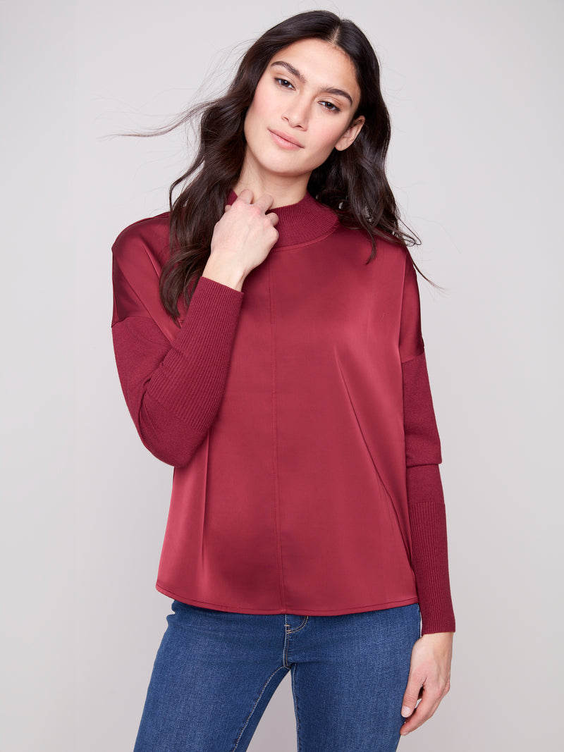 CHARLIE B // 1345RR SATIN KNIT TOP CABERNET