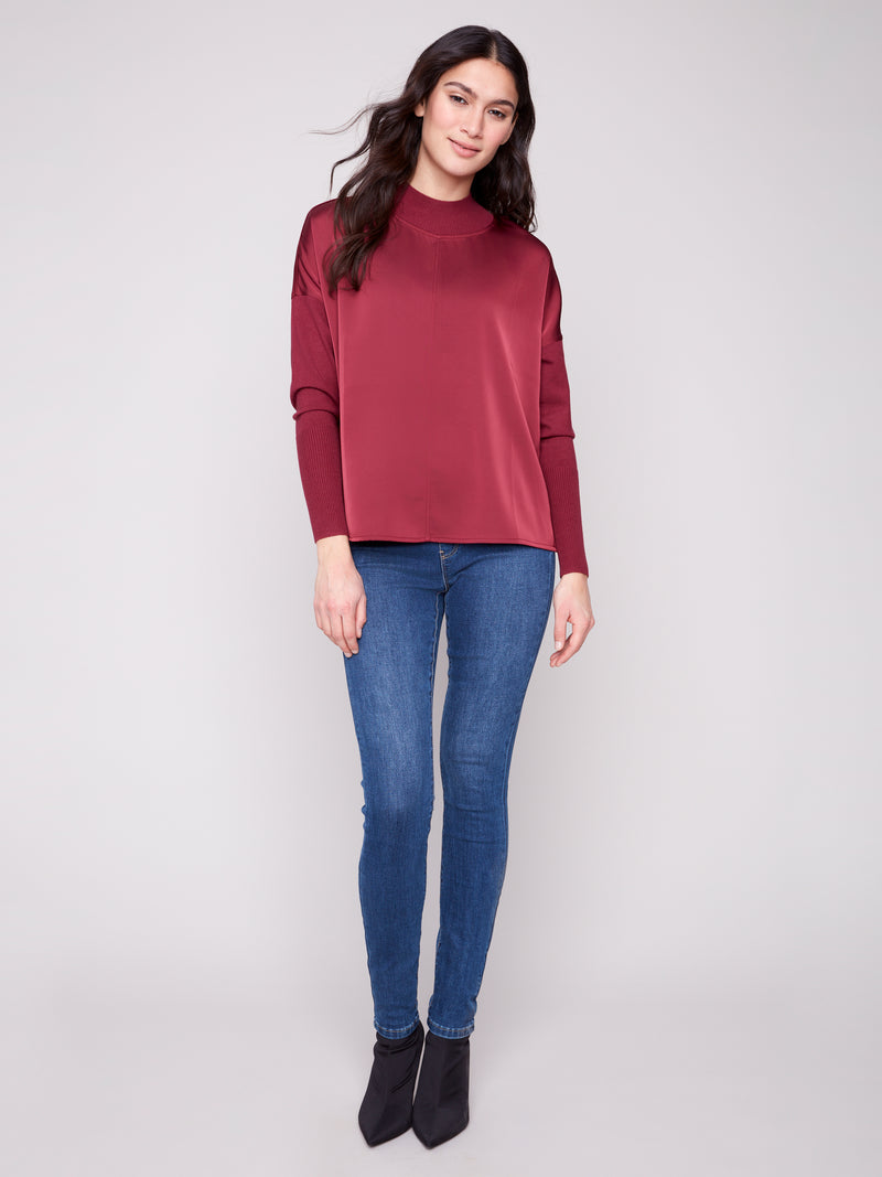 CHARLIE B // 1345RR SATIN KNIT TOP CABERNET