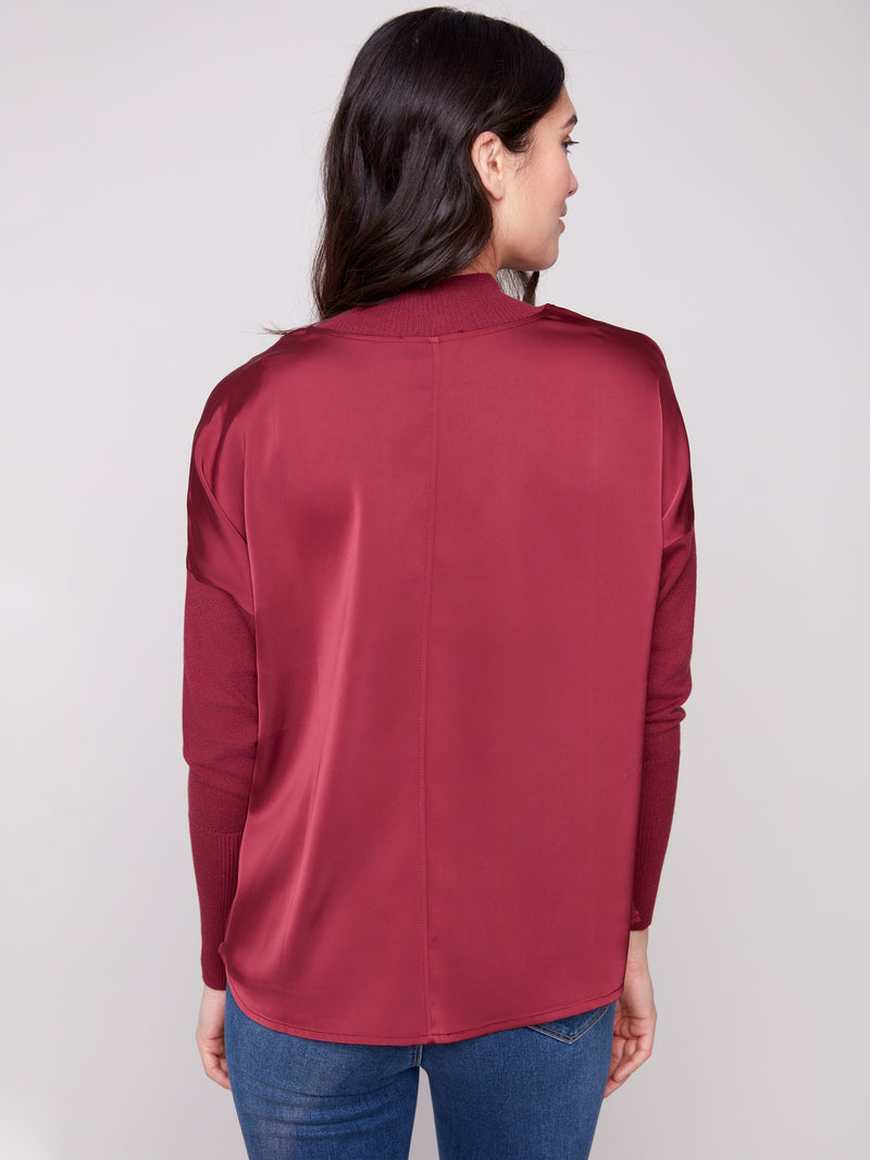 CHARLIE B // 1345RR SATIN KNIT TOP CABERNET