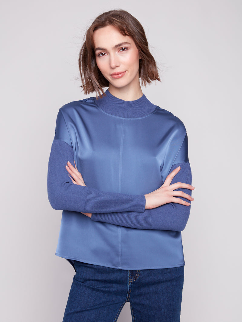 CHARLIE B // 1345RR SATIN KNIT TOP MOONLIGHT