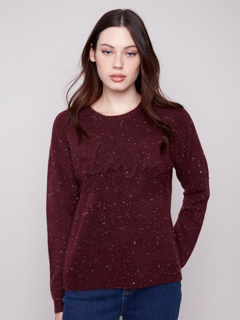 CHARLIE B // 2526X  BRAIDED LOVE SWEATER CABERNET