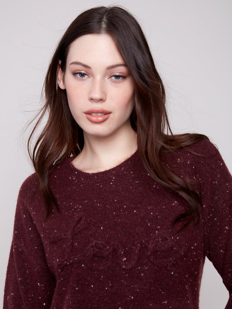 CHARLIE B // 2526X  BRAIDED LOVE SWEATER CABERNET