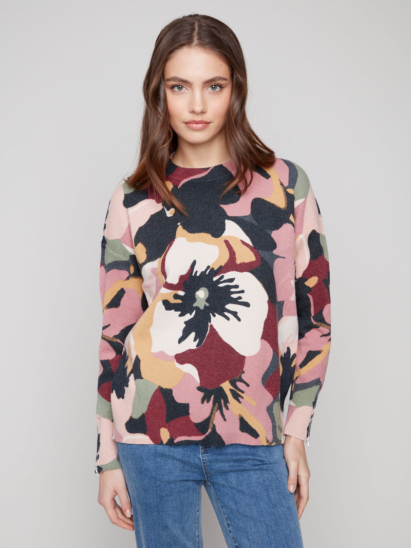 CHARLIE B // C2574RR MOCK NECK SWEATER WITH ZIPPER DETAILS