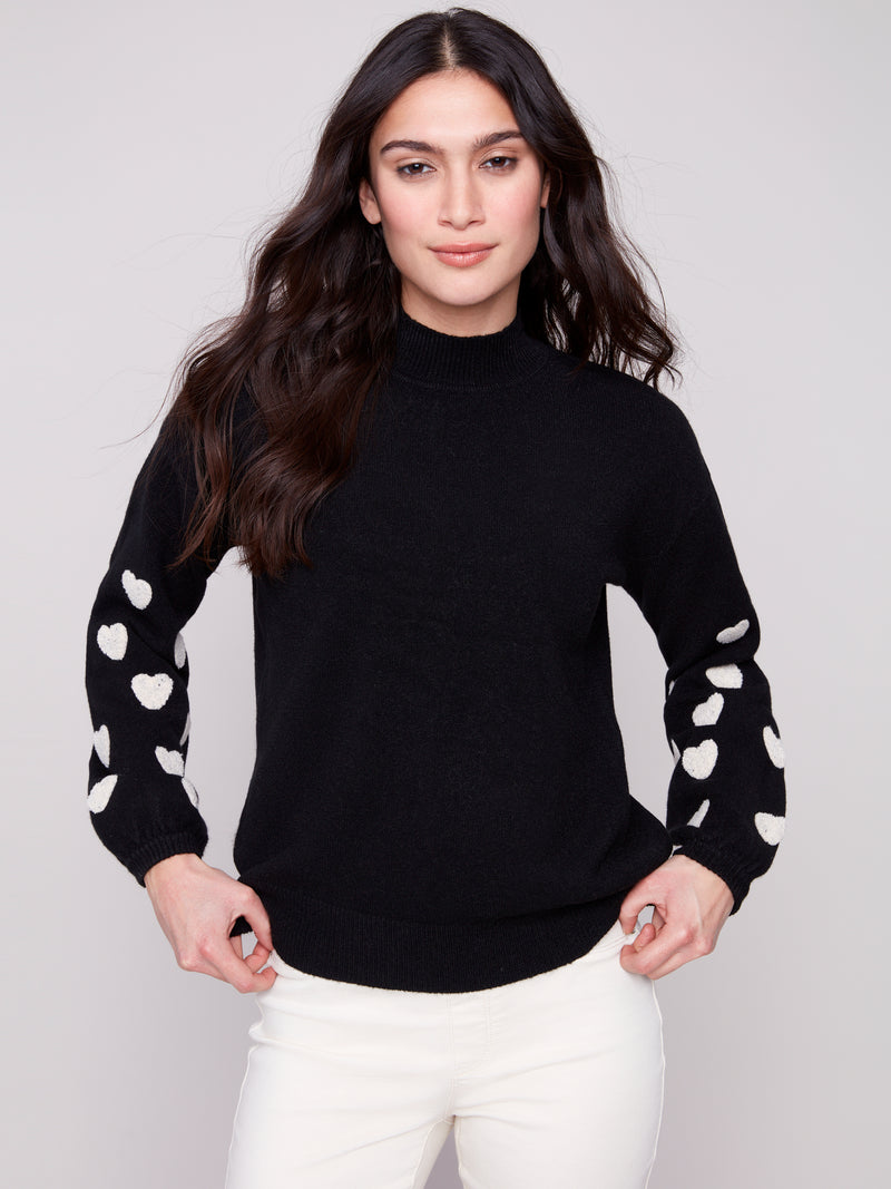 CHARLIE B // 2689R MOCK NECK SWEATER WITH EMBROIDERY