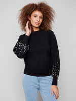 CHARLIE B // 2850B CREW NECK SWEATER WITH PEARLS BLACK