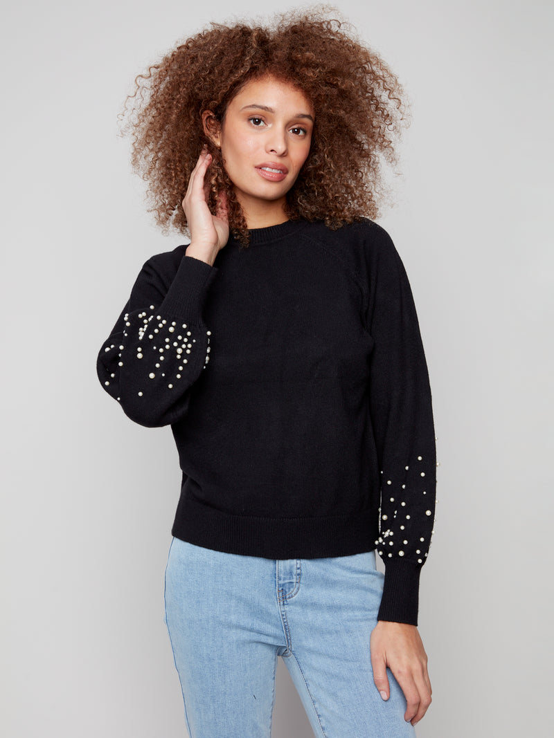 CHARLIE B // 2850B CREW NECK SWEATER WITH PEARLS BLACK