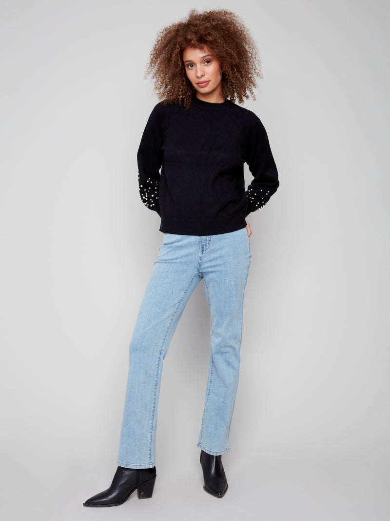 CHARLIE B // 2850B CREW NECK SWEATER WITH PEARLS BLACK