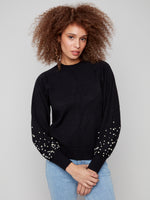 CHARLIE B // 2850B CREW NECK SWEATER WITH PEARLS BLACK