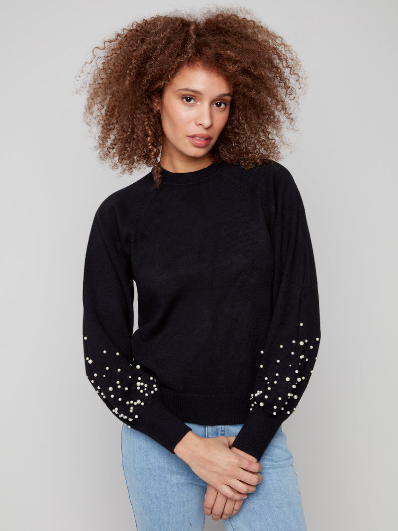CHARLIE B // 2850B CREW NECK SWEATER WITH PEARLS BLACK