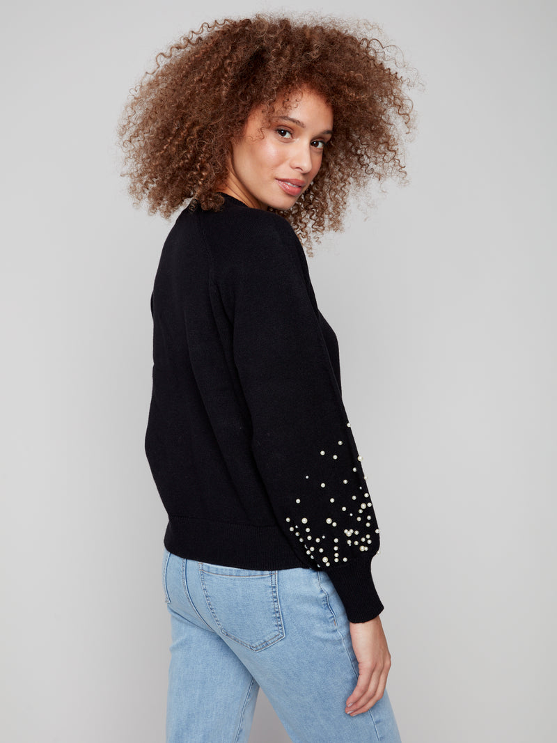 CHARLIE B // 2850B CREW NECK SWEATER WITH PEARLS BLACK