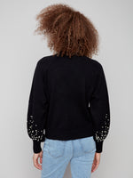 CHARLIE B // 2850B CREW NECK SWEATER WITH PEARLS BLACK