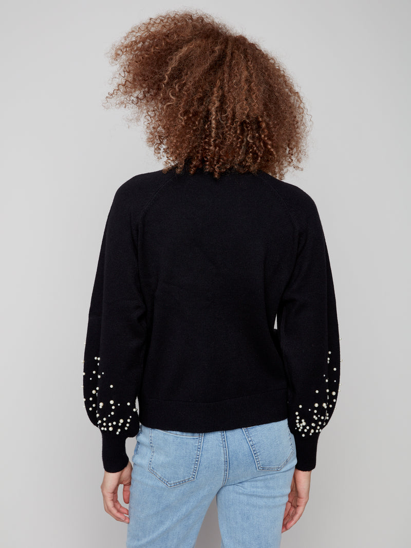 CHARLIE B // 2850B CREW NECK SWEATER WITH PEARLS BLACK