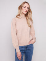 CHARLIE B // 2850B CREW NECK SWEATER WITH PEARLS HEATHER CAMEL