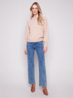 CHARLIE B // 2850B CREW NECK SWEATER WITH PEARLS HEATHER CAMEL