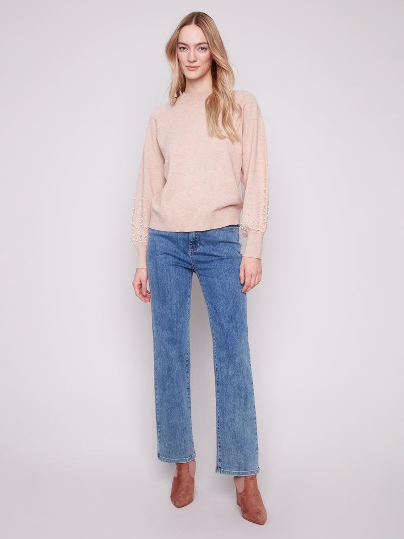 CHARLIE B // 2850B CREW NECK SWEATER WITH PEARLS HEATHER CAMEL