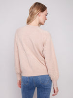 CHARLIE B // 2850B CREW NECK SWEATER WITH PEARLS HEATHER CAMEL