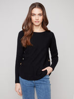 CHARLIE B // 2871 BOAT NECK SWEATER WITH BUTTON DETAILS BLACK