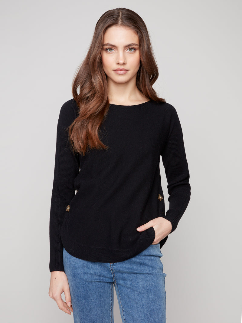 CHARLIE B // 2871 BOAT NECK SWEATER WITH BUTTON DETAILS BLACK