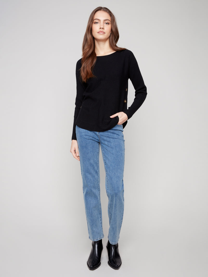 CHARLIE B // 2871 BOAT NECK SWEATER WITH BUTTON DETAILS BLACK