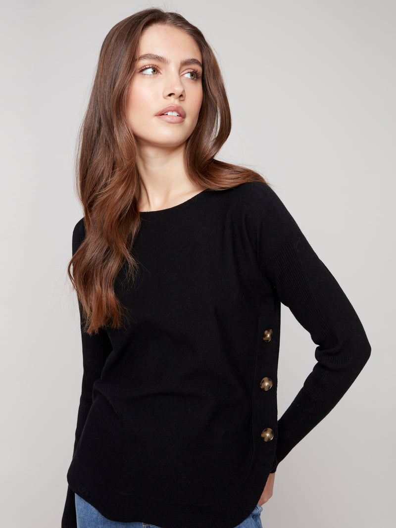 CHARLIE B // 2871 BOAT NECK SWEATER WITH BUTTON DETAILS BLACK