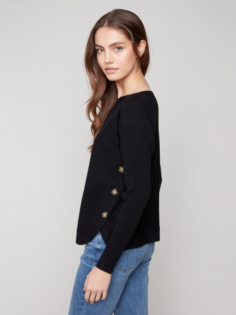 CHARLIE B // 2871 BOAT NECK SWEATER WITH BUTTON DETAILS BLACK