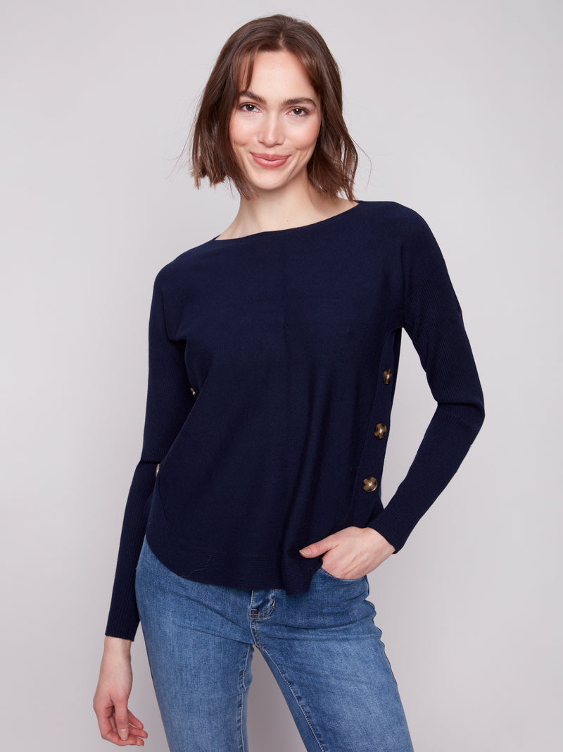 CHARLIE B // 2871 BOAT NECK SWEATER WITH BUTTON DETAILS NAVY