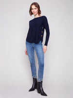 CHARLIE B // 2871 BOAT NECK SWEATER WITH BUTTON DETAILS NAVY