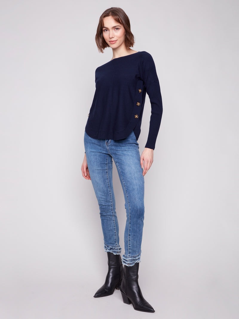 CHARLIE B // 2871 BOAT NECK SWEATER WITH BUTTON DETAILS NAVY
