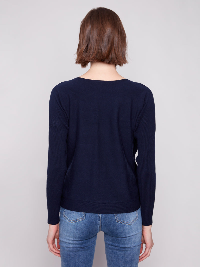 CHARLIE B // 2871 BOAT NECK SWEATER WITH BUTTON DETAILS NAVY