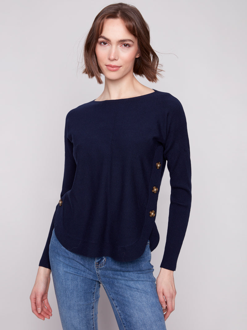 CHARLIE B // 2871 BOAT NECK SWEATER WITH BUTTON DETAILS NAVY