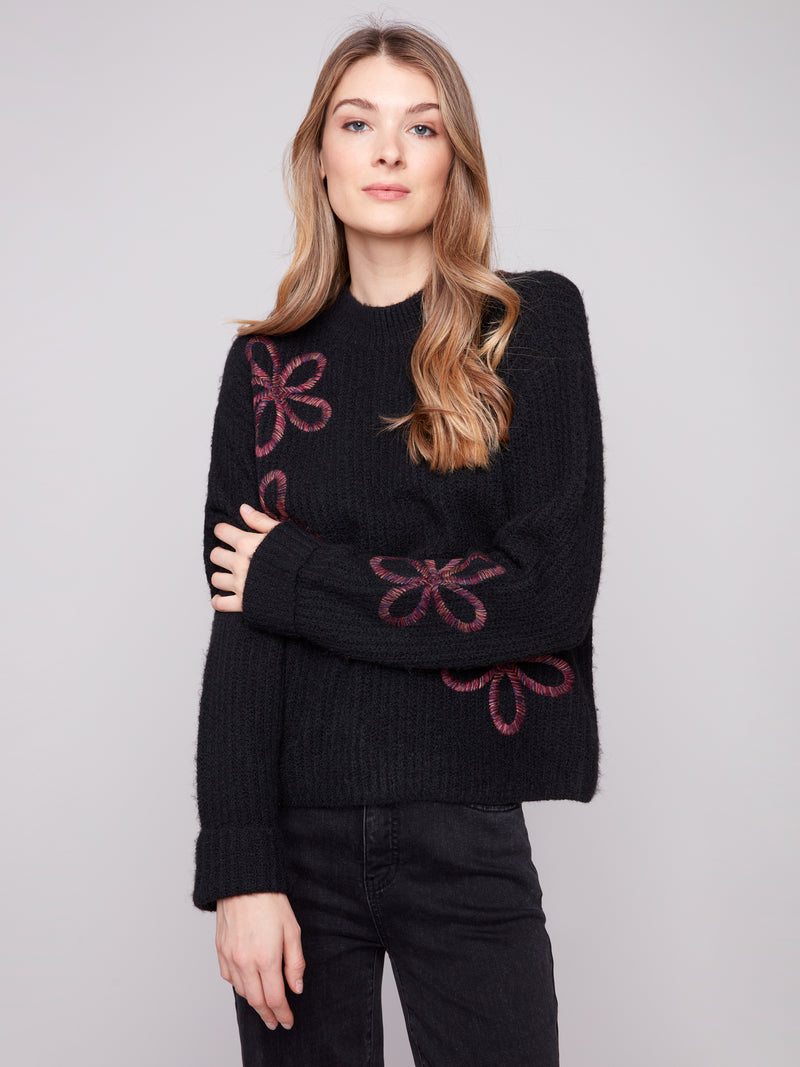 CHARLIE B // 2876 MOCK NECK SWEATER WITH EMBROIDERY