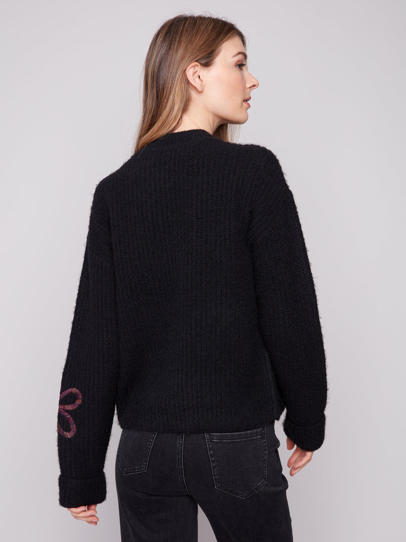 CHARLIE B // 2876 MOCK NECK SWEATER WITH EMBROIDERY