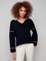 CHARLIE B // 2879 RIBBED NOTCH NECK SWEATER WITH EMBROIDERY