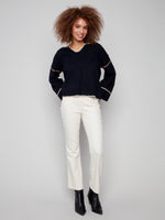 CHARLIE B // 2879 RIBBED NOTCH NECK SWEATER WITH EMBROIDERY