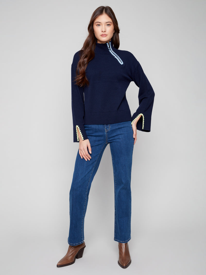 CHARLIE B // 2889 MOCK NECK SWEATER WITH ZIPPER NAVY