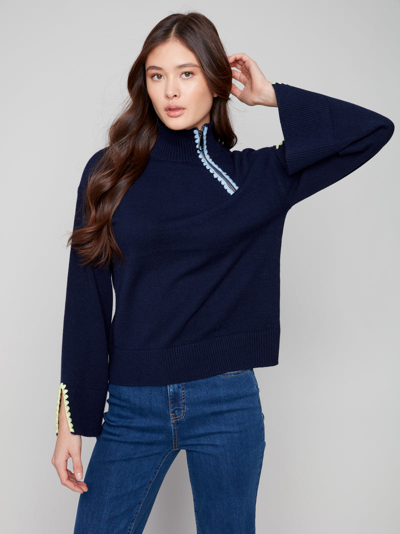 CHARLIE B // 2889 MOCK NECK SWEATER WITH ZIPPER NAVY