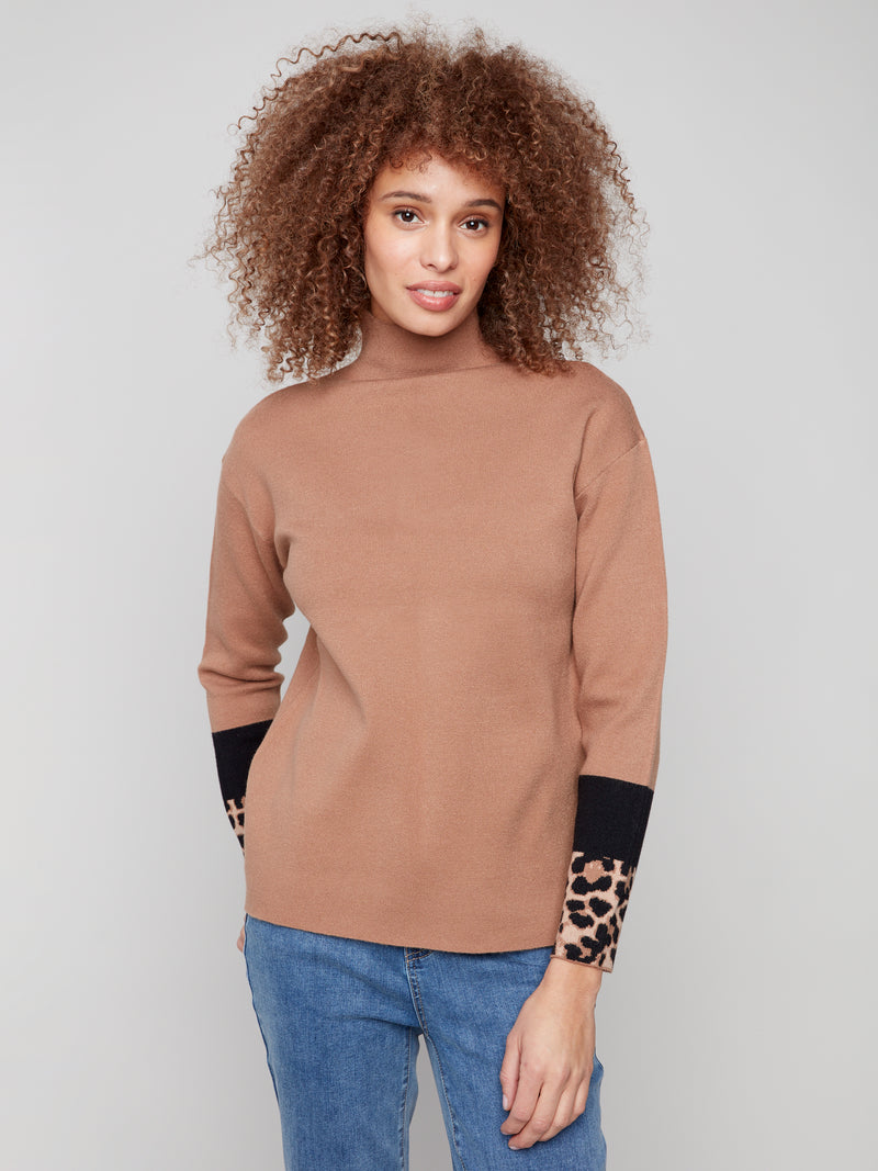 CHARLIE B // 2895 FUNNEL NECK SWEATER WITH COLOUR BLOCKING AT SLEEVES