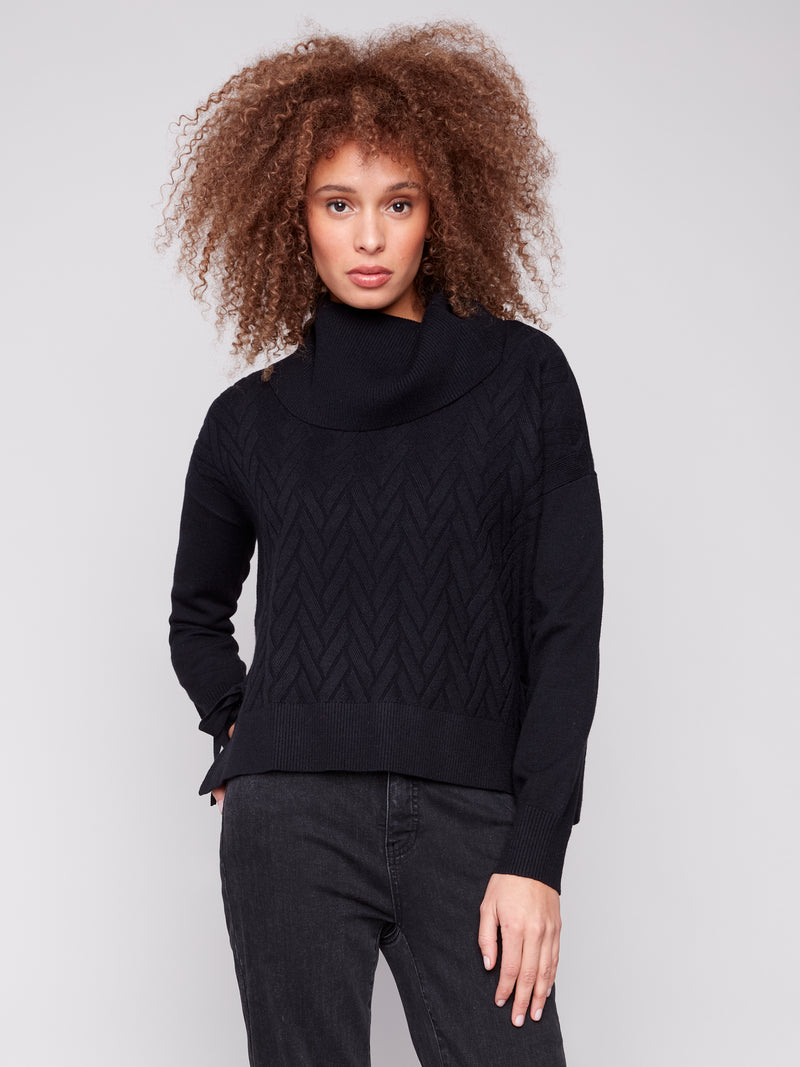CHARLIE B // 2903 COWL NECK SWEATER WITH SIDE SPLIT BLACK