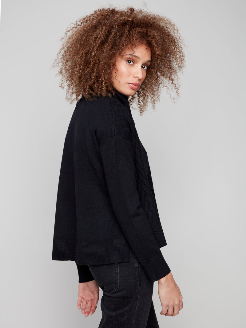 CHARLIE B // 2903 COWL NECK SWEATER WITH SIDE SPLIT BLACK