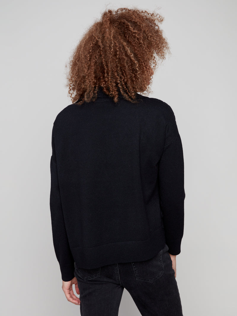 CHARLIE B // 2903 COWL NECK SWEATER WITH SIDE SPLIT BLACK