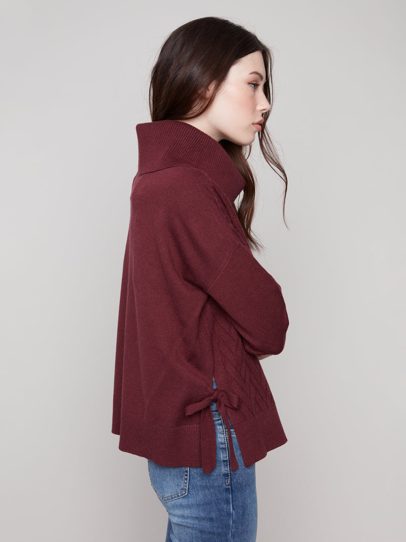 CHARLIE B // 2903 COWL NECK SWEATER WITH SIDE SPLIT CABERNET