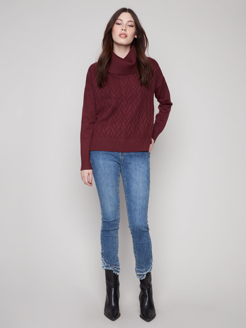 CHARLIE B // 2903 COWL NECK SWEATER WITH SIDE SPLIT CABERNET